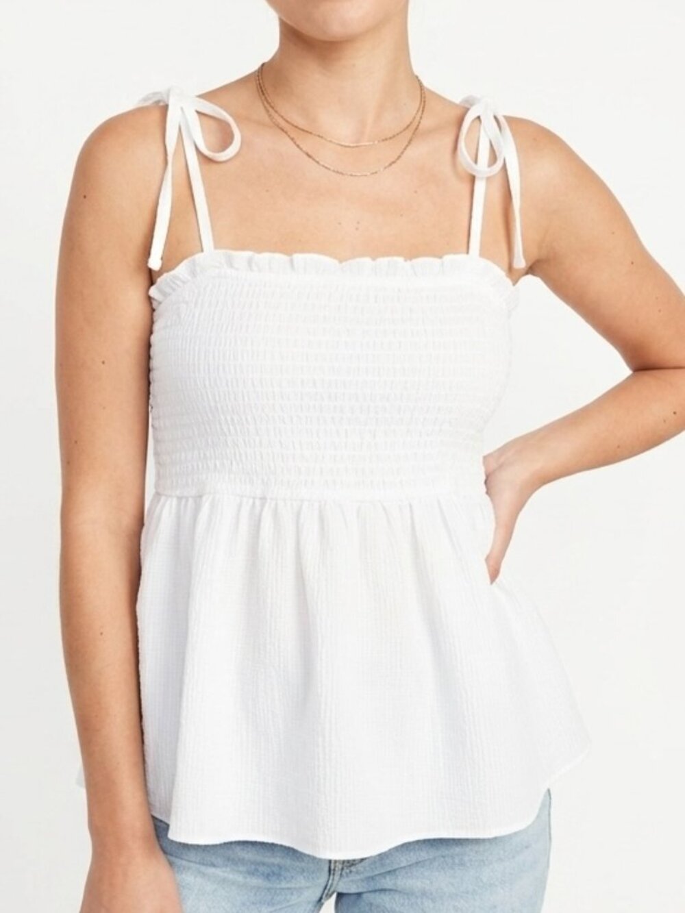H&M White Crinkled Smocked Babydoll Cami Top Tie Strap Size M